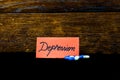 Writing Depression on label. Label with text Depression and medicines, pills