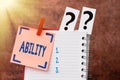 Writing displaying text Ability. Internet Concept the physical or mental power or skill needed to do something Royalty Free Stock Photo
