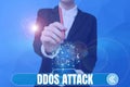 Writing displaying text Ddos Attack. Conceptual photo perpetrator seeks to make network resource unavailable Lady