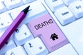 Inspiration showing sign Deaths. Business showcase permanent cessation of all vital signs, instance of dying individual