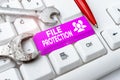 Writing displaying text File Protection. Word for Preventing accidental erasing of data using storage medium Typing And Royalty Free Stock Photo