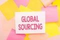 Hand writing sign Global Sourcing. Concept meaning practice of sourcing from the global market for goods Multiple