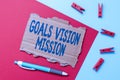 Writing displaying text Goals Vision Mission. Business showcase practical planning process used to help community group