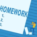 Writing displaying text Homework. Concept meaning schoolwork assigned to be done outside the classroom or at home Man