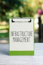 Hand writing sign Infrastructure Management. Business showcase minimize downtime, maintain business productivity