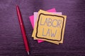 Writing displaying text Labor Law. Word Written on rules relating to rights and responsibilities of workers New Ideas Royalty Free Stock Photo