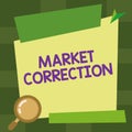 Text caption presenting Market Correction. Word for When prices fall 10 percent from the 52 week high Magnifying Glass