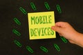 Writing displaying text Mobile Devices. Business idea A portable computing device like smartphone tablet computer Royalty Free Stock Photo