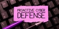 Writing displaying text Proactive Cyber Defense. Concept meaning acting in front of a situation becomes a source of
