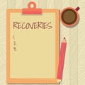 Writing displaying text Recoveries. Business concept process of regaining possession or control of something lost Royalty Free Stock Photo