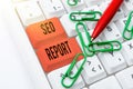Writing displaying text Seo Report. Internet Concept notifying on how website is performing in search engine results Royalty Free Stock Photo