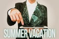 Writing displaying text Summer Vacation. Business idea the time when children do not go to school in the summer Lady Royalty Free Stock Photo