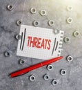 Writing displaying text Threats. Word Written on Statement of an intention to inflict pain hostile action on someone New
