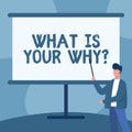 Writing displaying text What Is Your Why Question. Internet Concept asking someone about their purpose in life Teacher Royalty Free Stock Photo