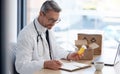 Writing doctor, pills or order box in medical delivery, prescription logistics or medicine shipping ideas for customer