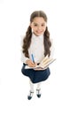 Writing essay. Girl with copy book or workbook. Kid perfect student ready with homework. School girl excellent pupil