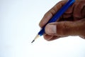 Writing hand. male hand hold blue pen