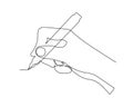 Writing hand, one line art, hand-drawn continuous contour. Palm with fingers holding pen, pencil, ballpoint.Editable stroke. Royalty Free Stock Photo