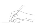 Writing hand, one line art, hand drawn continuous contour. Palm with fingers holding pen, pencil, ballpoint.Editable stroke. Royalty Free Stock Photo