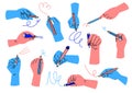 Writing hands. Colorful human hand hold pencil, pen and brush. Doodle drawing or sketching process, cartoon arms trendy Royalty Free Stock Photo