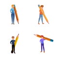 Writing icons set cartoon vector. Man and woman holding big pencil