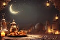 Writing Lanterns, golden shrimp kettle, candle, mosque in the background moon in the night sky. Banner with space for your own Royalty Free Stock Photo