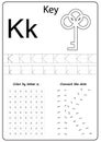 Writing letter K. Worksheet. Writing A-Z, alphabet, exercises game for kids.