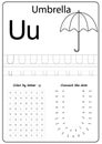 Writing letter U. Worksheet. Writing A-Z, alphabet, exercises game for kids. Royalty Free Stock Photo