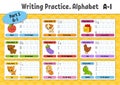 Writing letters. Set tracing page. Practice sheet. Worksheet for kids. Learn alphabet. Cute characters. Vector illustration.