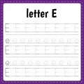 Writing letters. Tracing page. Worksheet for kids. Learn alphabet. Letter E