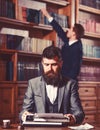 Writing and literature concept. Man with beard and busy face