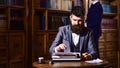 Writing and literature concept. Man with beard and busy face