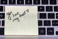 Writing love text on memo post reminder. Sticker with lovely message. Text on notepaper