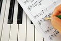 Writing on music score with pen on piano keyboard Royalty Free Stock Photo