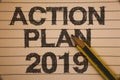 Writing note showing Action Plan 2019. Business photo showcasing Challenge Ideas Goals for New Year Motivation to Start Ideas con Royalty Free Stock Photo