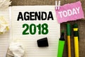 Writing note showing Agenda 2018. Business photo showcasing Strategy Planning Things Schedule Future Goals Organize written on No Royalty Free Stock Photo