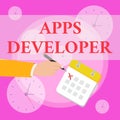 Writing note showing Apps Developer. Business photo showcasing Graphic artist Software Programmer and Analyst Experts