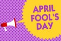 Writing note showing April Fool s is Day. Business photo showcasing Practical jokes humor pranks Celebration funny foolish Multili