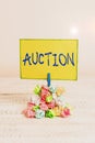 Writing note showing Auction. Business photo showcasing Public sale Goods or Property sold to highest bidder Purchase Reminder