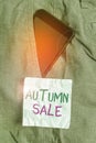 Writing note showing Autumn Sale. Business photo showcasing having great discounts products on season after summer Smartphone