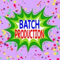 Writing note showing Batch Production. Business photo showcasing products are analysisufactured in groups called batches