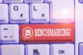 Writing note showing Benchmarking. Business photo showcasing evaluate something by comparison with standard or scores White pc Royalty Free Stock Photo