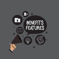 Writing note showing Benefits Features. Business photo showcasing Making a product stand out from the crowd Value of it Royalty Free Stock Photo