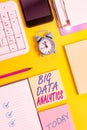 Writing note showing Big Data Analytics. Business photo showcasing The process of examining large and varied data sets White paper Royalty Free Stock Photo