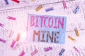 Writing note showing Bitcoin Mine. Business photo showcasing Processing of transactions in the digital currency system Colored
