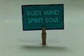 Writing note showing Body Mind Spirit Soul. Business photo showcasing Personal Balance Therapy Conciousness state of mind papercli Royalty Free Stock Photo
