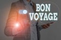 Writing note showing Bon Voyage. Business photo showcasing used express good wishes to someone about set off on journey Royalty Free Stock Photo