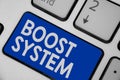 Writing note showing Boost System. Business photo showcasing Rejuvenate Upgrade Strengthen Be Healthier Holistic approach Keyboard Royalty Free Stock Photo