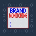 Writing note showing Brand Monitoring. Business photo showcasing process to proactively monitor the brand reputation Square
