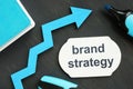 Writing note showing brand strategy. The text is written on a small blue wooden board. Diagram, marker, wooden background are on